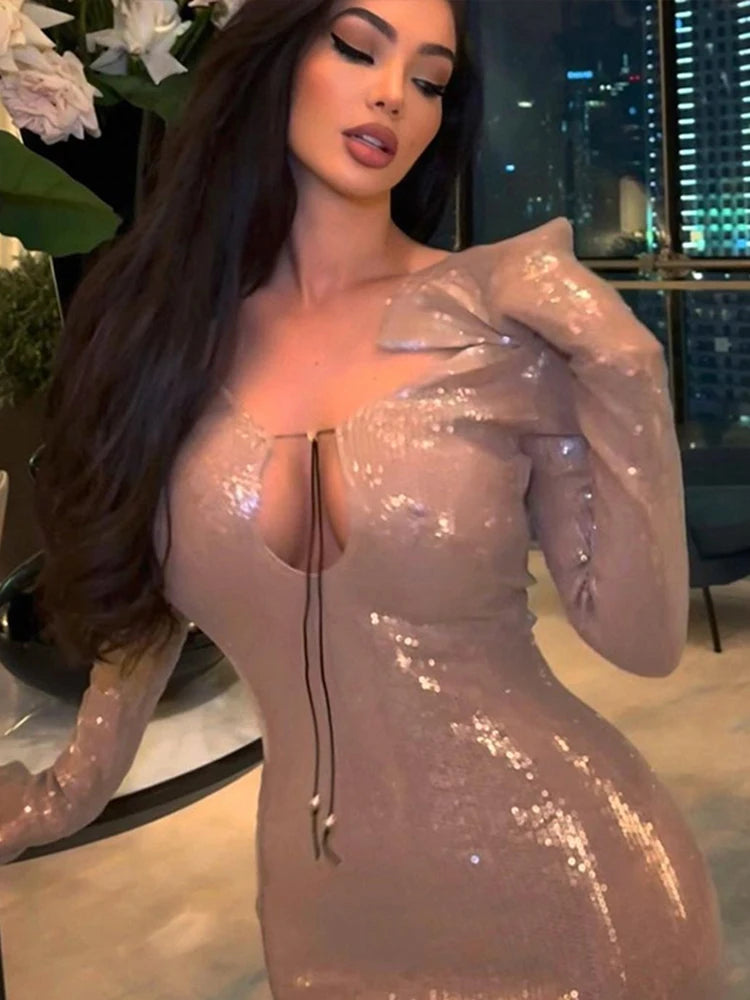 Sequin Lace Up Backless Long Dresses Deep V Flash Sparkling Sexy Long Sleeve Temperament Leakback Champagne Women Evening Dress