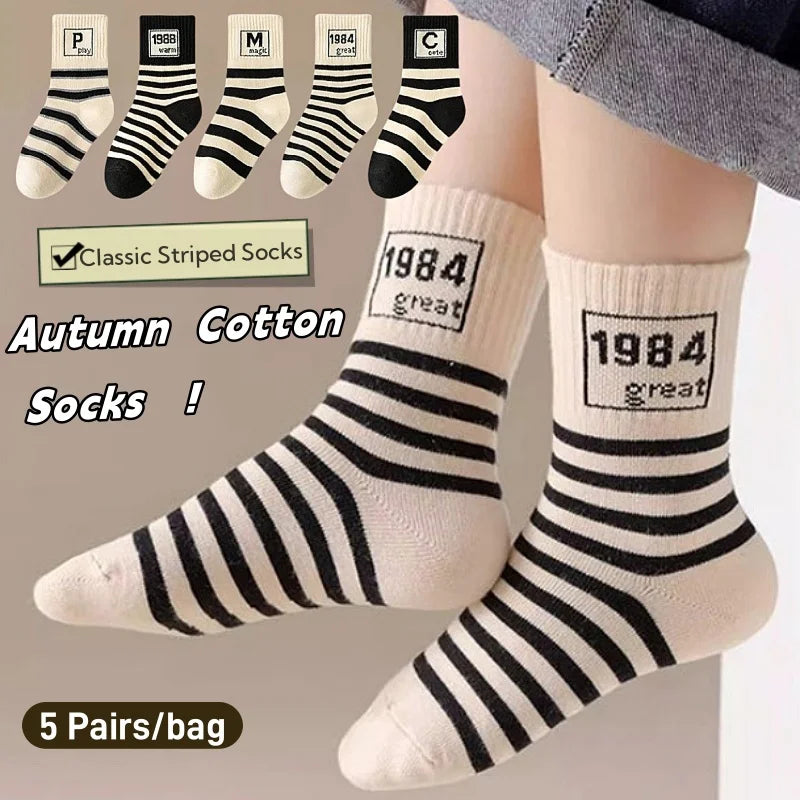 5 pairs Spring Socks Kids Cotton Socks Mid Calf Socks Striped Letter Pattern Children Sporty Socks Boys Socks