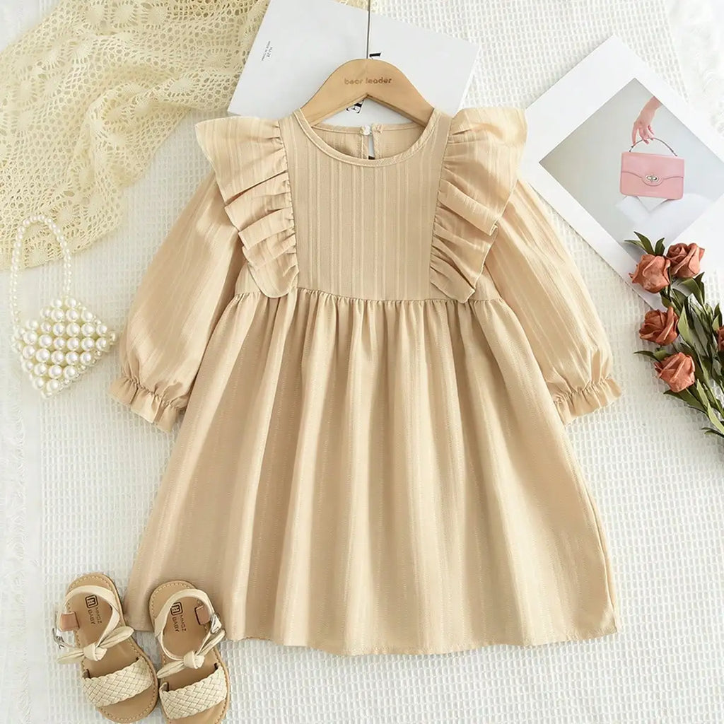 Autumn Kids Dresses for Girls Round Neck Long Sleeved Pleated Edge Solid Color Dress Kids Clothes Children's Daily Casual Wear
