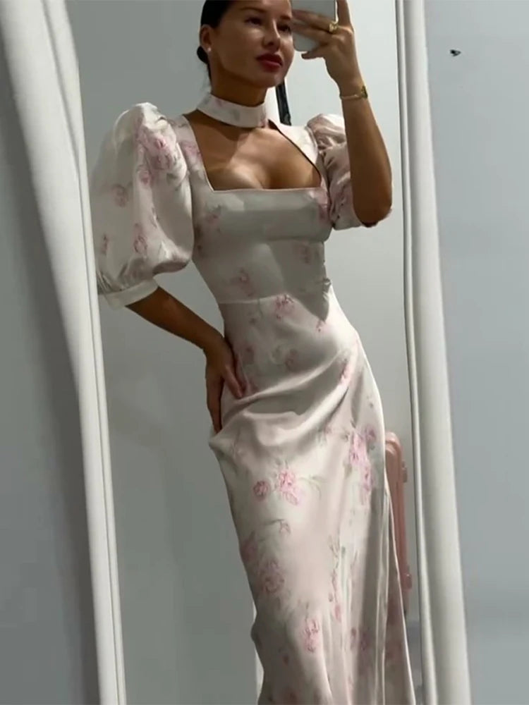 Women Dress Floral Print Satin Choker Neck Puff Sleeve Peplum Waist Maxi Dresses Elegant Vintage Beach Party Bodycon For Ladies