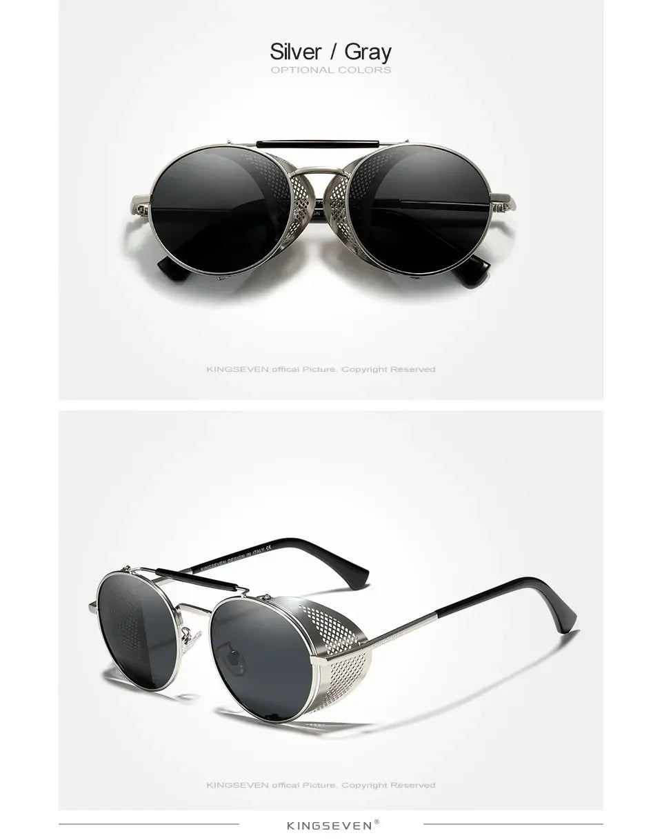 KINGSEVEN Brand Classic Gothic Steampunk Sunglasses Polarized Men  Vintage Round Metal Frame Sun Glasses Eyewear