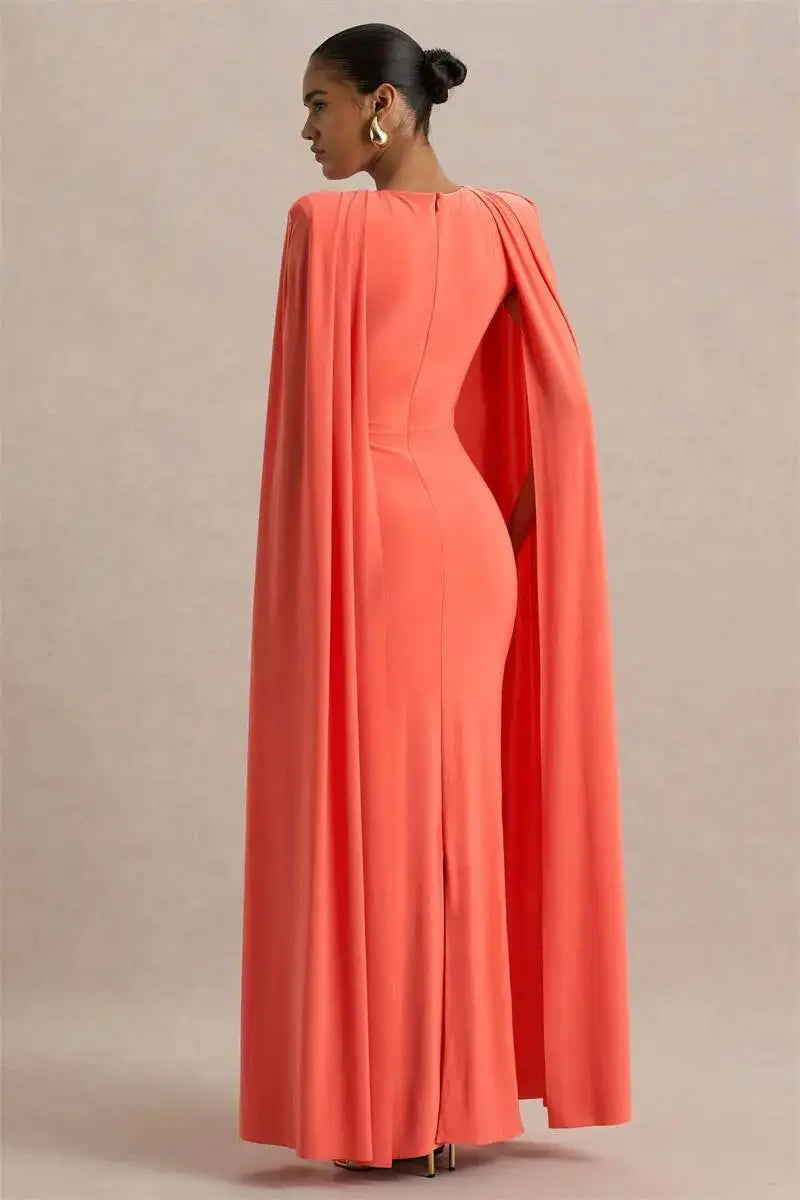 Blifanbo Sexy Cape Sleeve Maxi Dress Women Gown Fashion O Neck High Waist Split Zipper Club Party Long Dresses Female Elegant