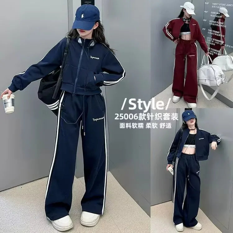 2026 autumn girls Clothes Children Suit Teenager zipped jacket Narrow crop top + wide leg high waist pants 4 5 8 10 11 12 year