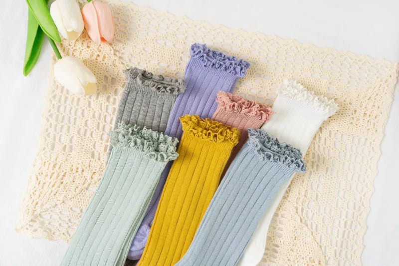 Ruffle Kids Knee High Socks Baby Girls Toddlers Long Soft Cotton Sock Lace Flower Children Princess Uniform Socks For 0-8Years