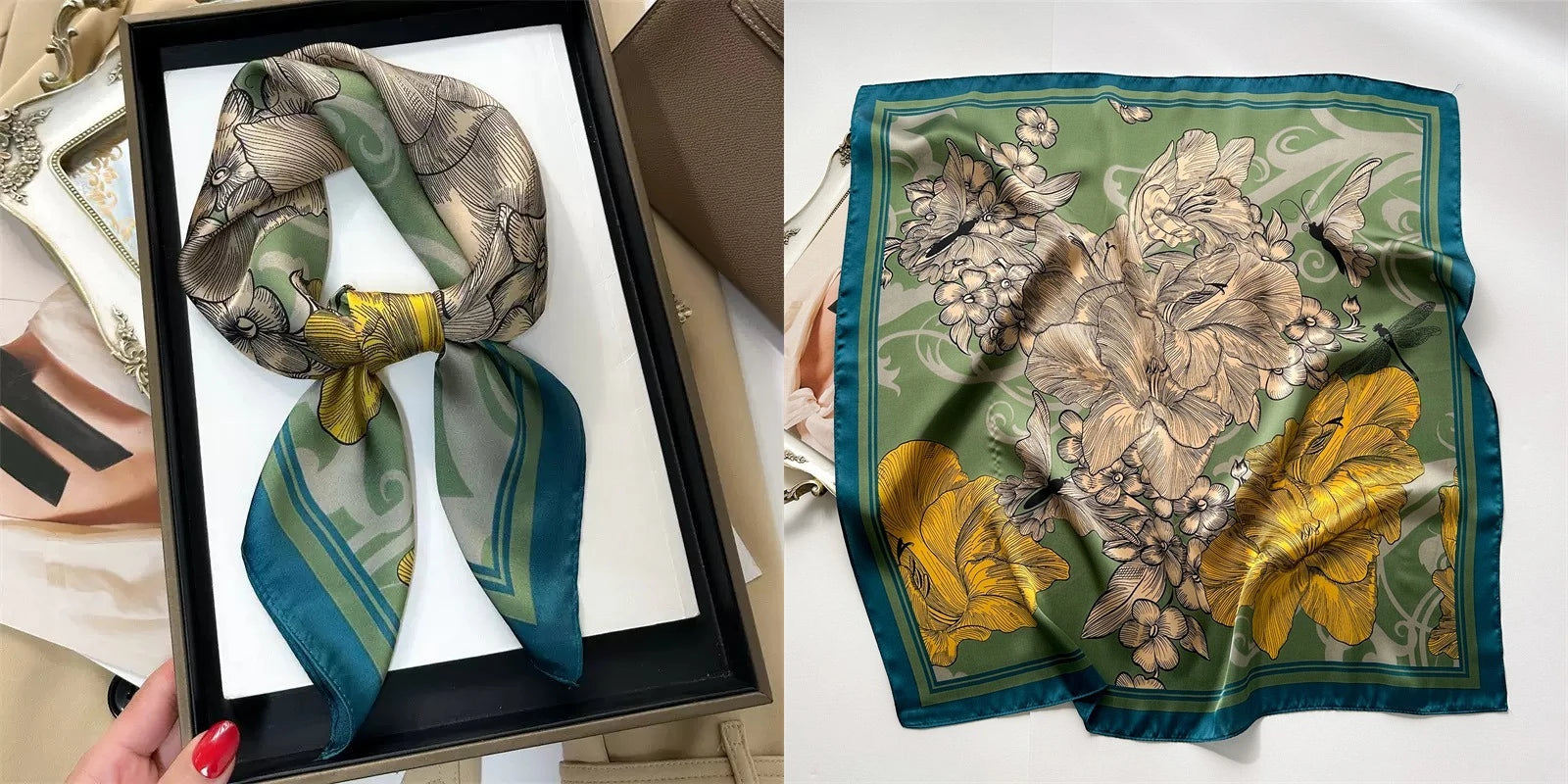 Luxury Floral Print Silk Square Scarf Women Soft Satin Kerchief Hairband Neckerchief Head Hijab Lady Headband Foulard Bag Ribbon