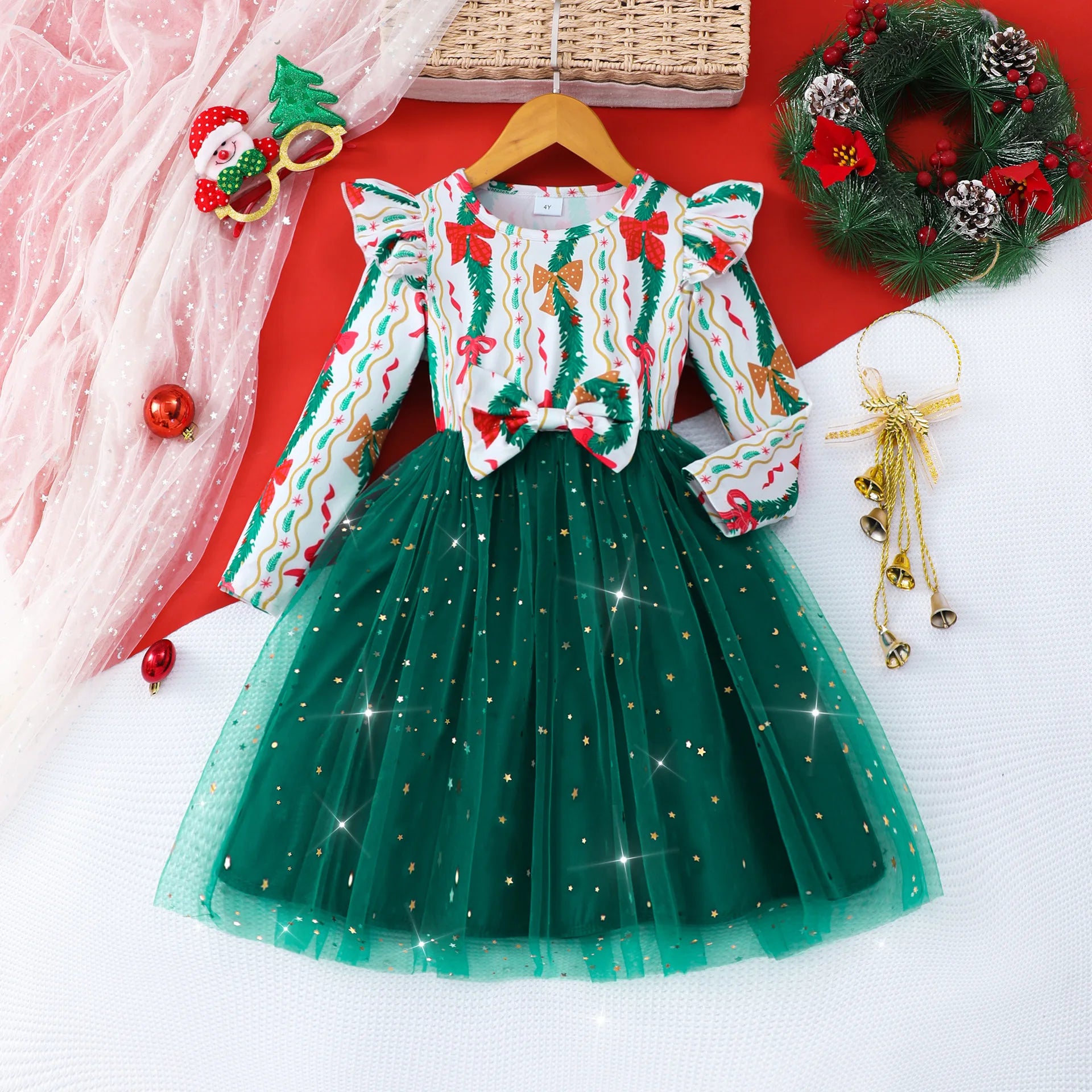 4-7Y Kids Christmas Dresses For Girls Bow Green Xmas Tree Hoodies Dress For New Year Kids Girl Evening Dress Festival Clothing