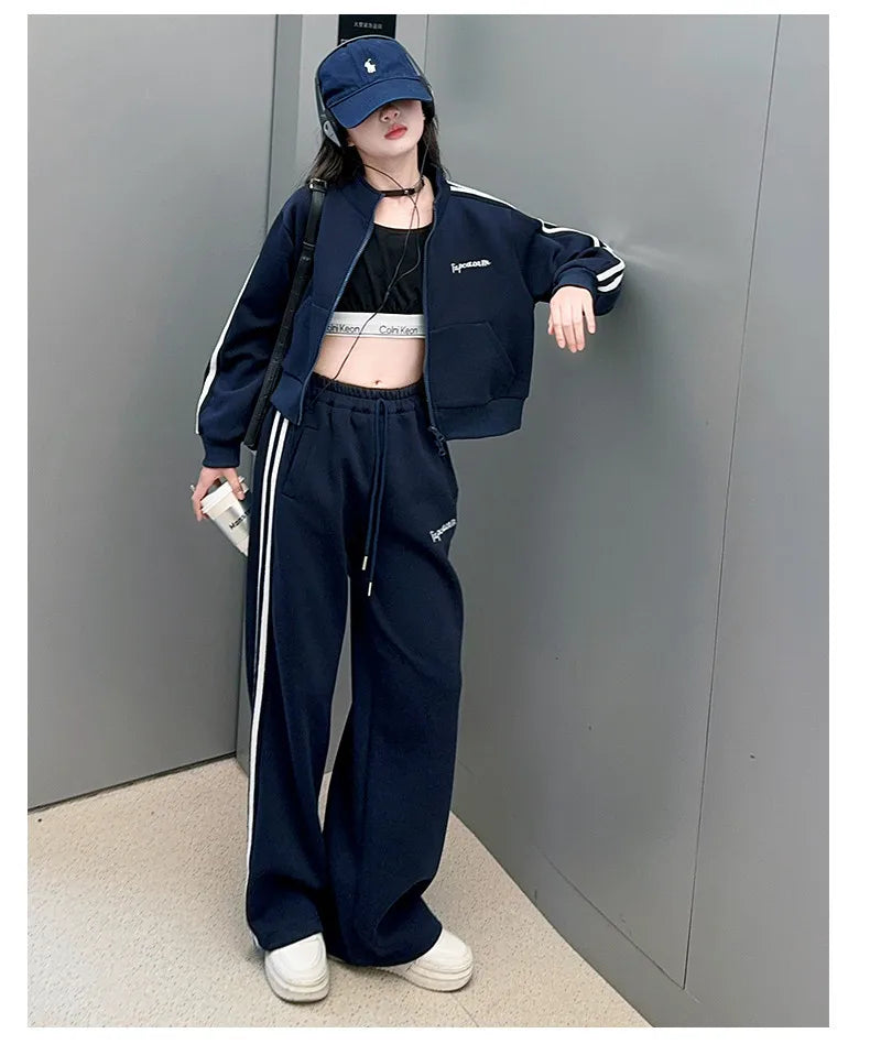 2026 autumn girls Clothes Children Suit Teenager zipped jacket Narrow crop top + wide leg high waist pants 4 5 8 10 11 12 year