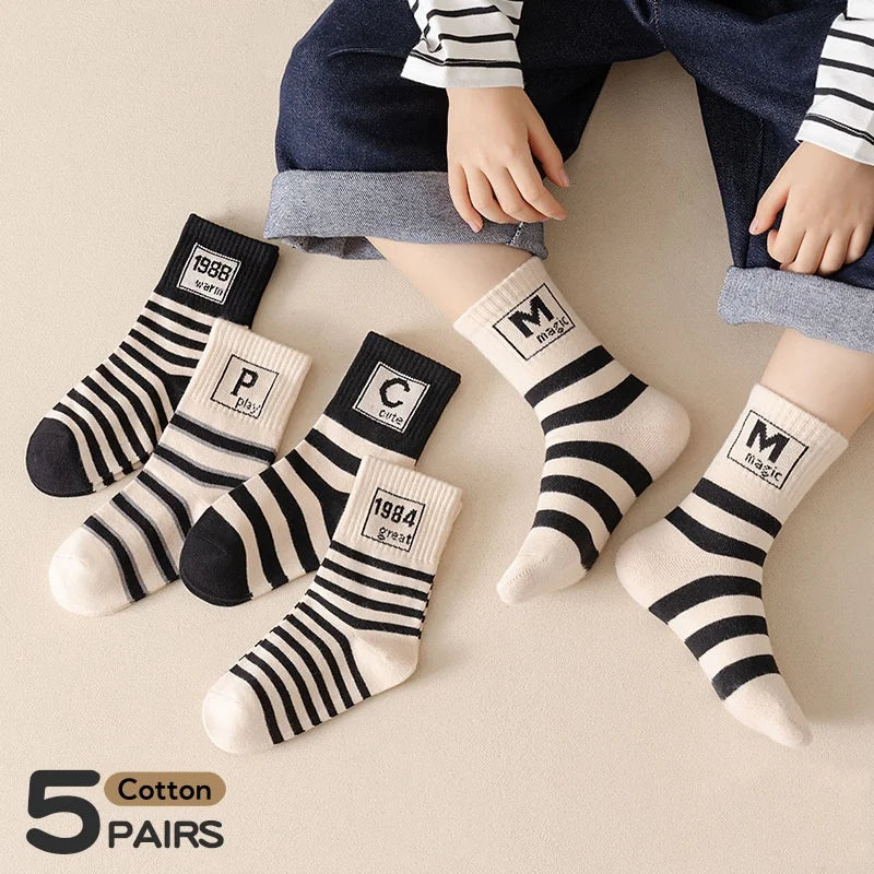 5 pairs Spring Socks Kids Cotton Socks Mid Calf Socks Striped Letter Pattern Children Sporty Socks Boys Socks