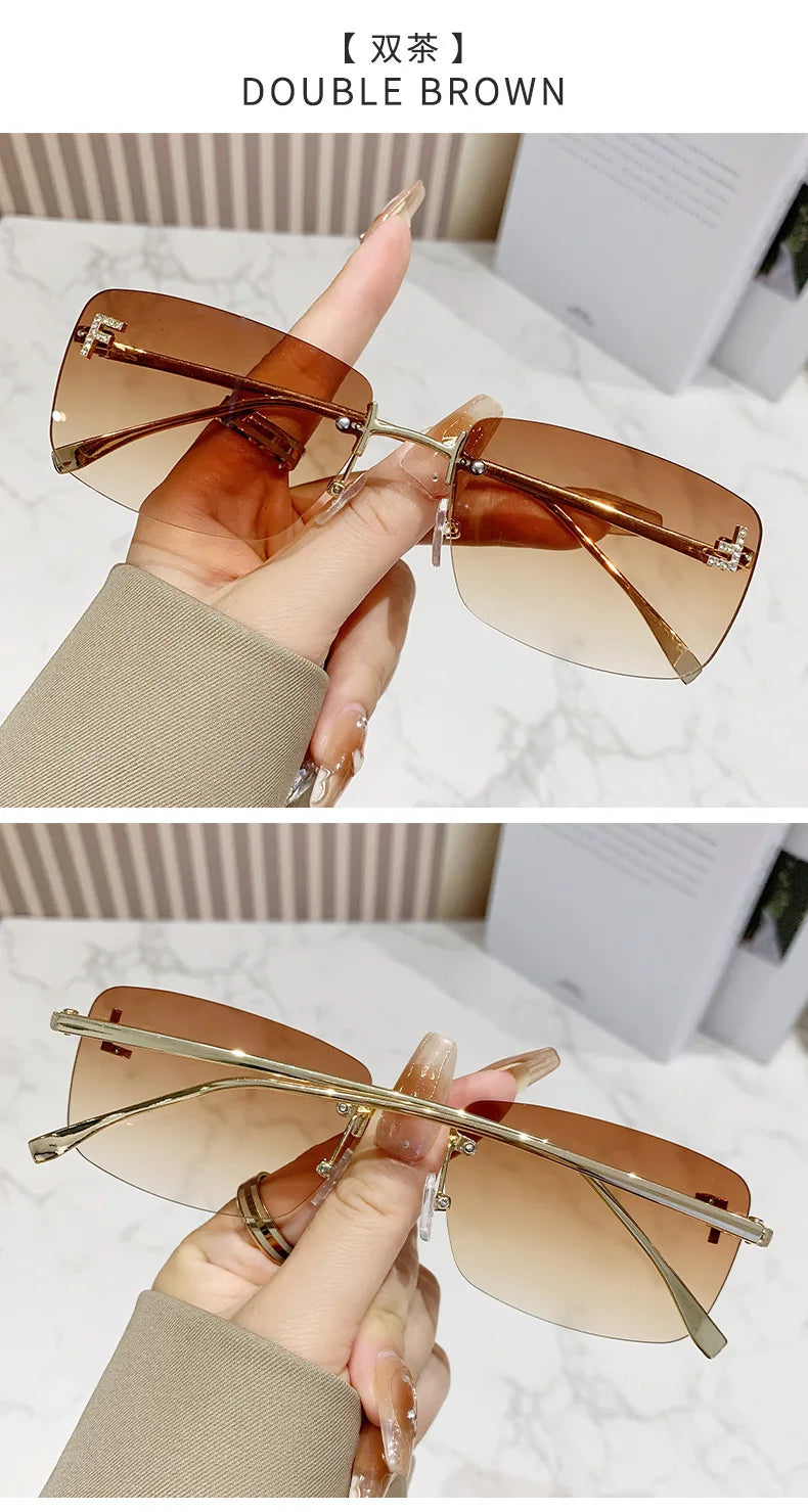 Ruiao rimless sunglasses UV400 fashion square metal glasses for women luxury brand designer diamond y2k small face sun glasses