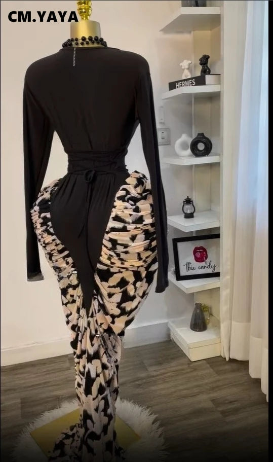 CM.YAYA Women Print Patchwork Stacked Ruched Sleeveless Bodycon Midi Maxi Long Dress 2025 Birthday Vacation Sexy Party Dresses