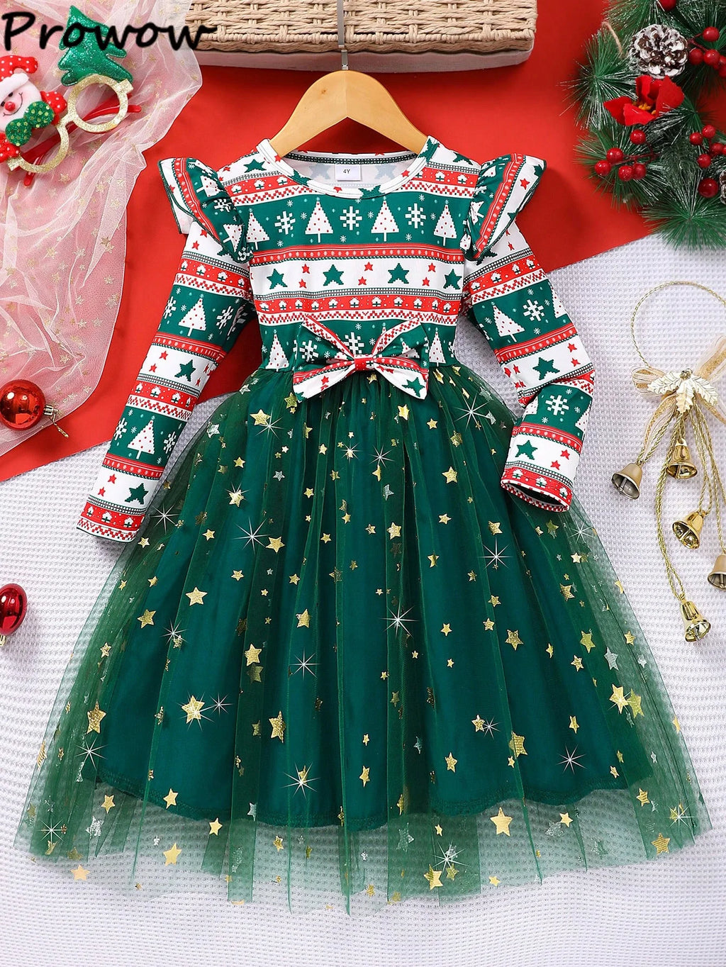4-7Y Kids Christmas Dresses For Girls Bow Green Xmas Tree Hoodies Dress For New Year Kids Girl Evening Dress Festival Clothing