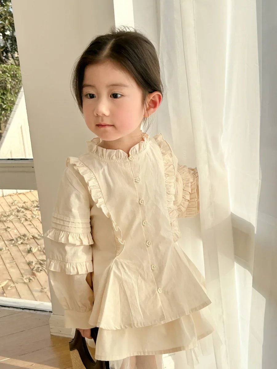 Children Clothing 2024 Spring New Retro Korean Style Shirt Set Girls Small Stand Collar Lace Shirt Culottes Sweet Two-piece Set