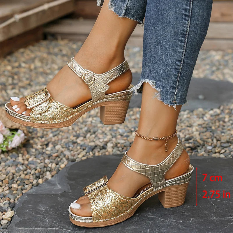 Women's Shiny Sequin Gold High Heels Sandals 2025 Summer Ankle Buckle Beach Sandals Woman Plus Size 43 Light Gladiator Shoes