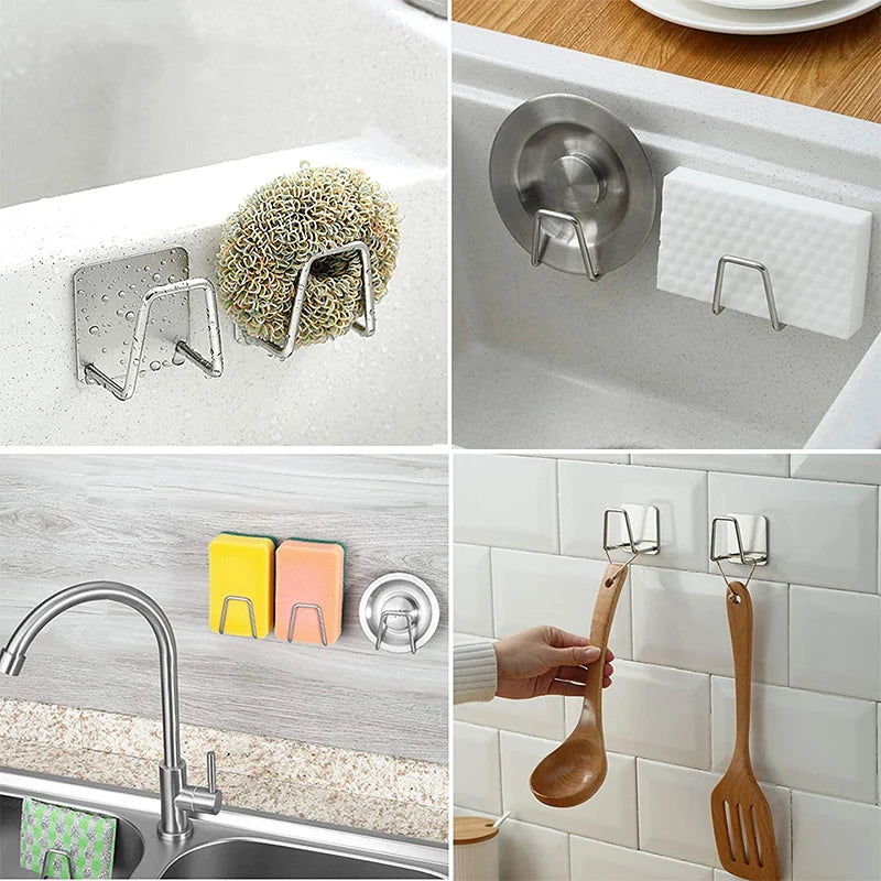 Stainless Steel Sink Tray Drainer Rack Kitchen Sink Sponge Holders Self Adhesive Hook Storage Holder Kitchen Wire Rag Organizer