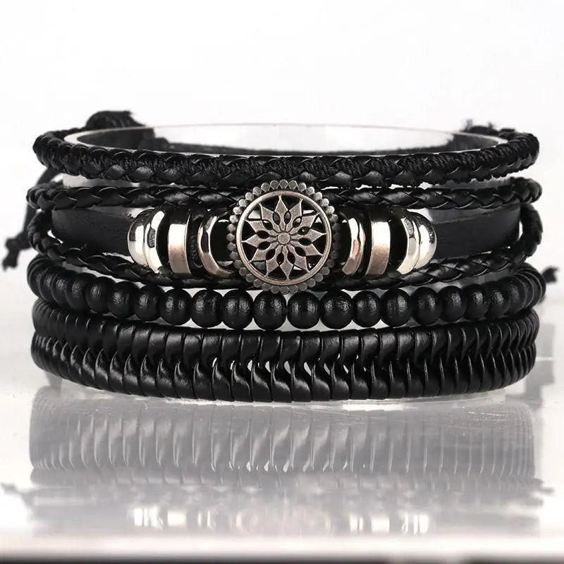 4Pcs/ Set Braided Wrap Leather Bracelets For Men Vintage Life Tree Rudder Charm Wood Beads Ethnic Tribal Wristbands
