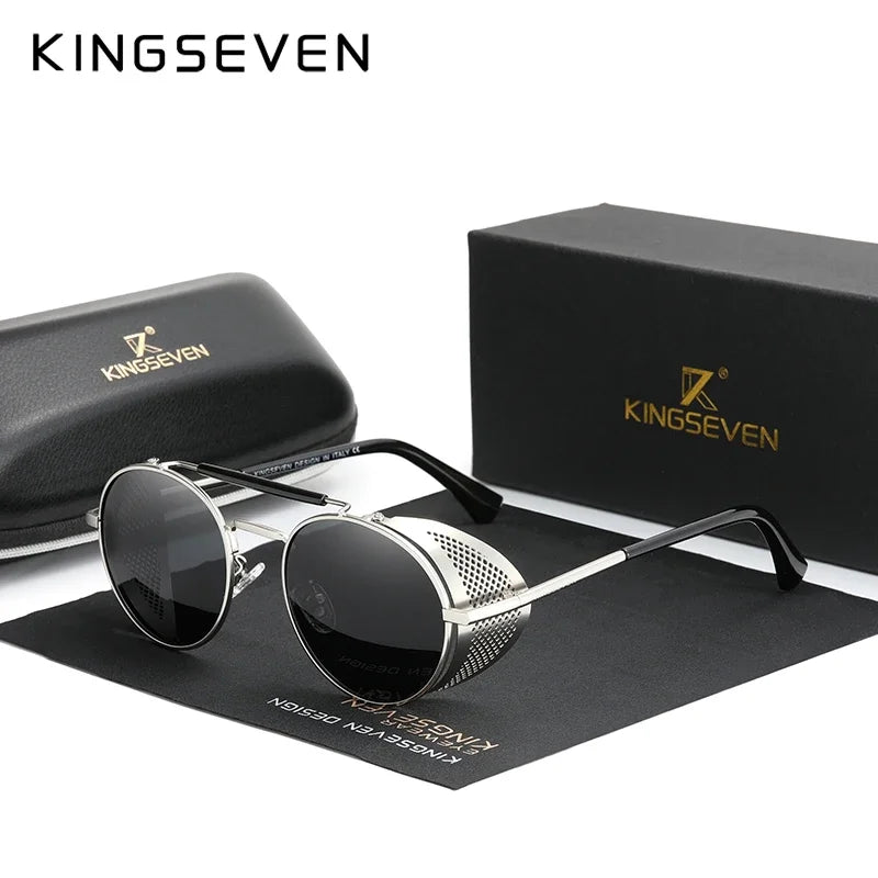 KINGSEVEN Brand Classic Gothic Steampunk Sunglasses Polarized Men  Vintage Round Metal Frame Sun Glasses Eyewear