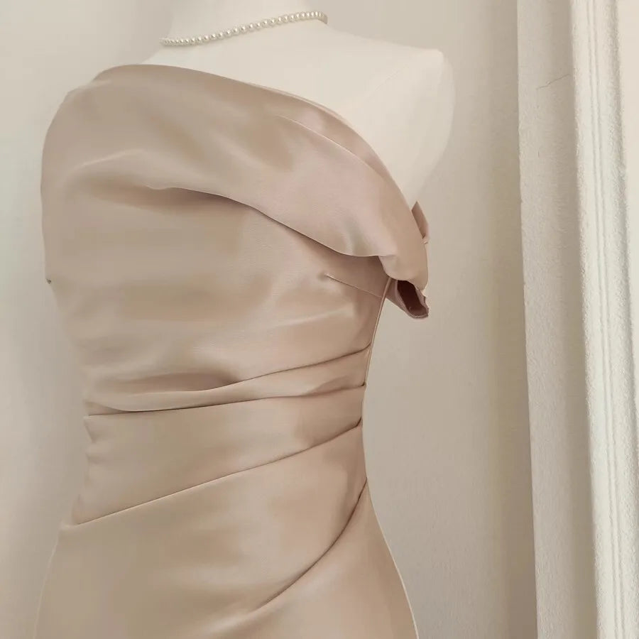 French Summer Autumn Fashion Acetate Satin Evening Dress Women Sexy Slash Neck Pencil Mermaid Long Prom Dresses Lady Gown