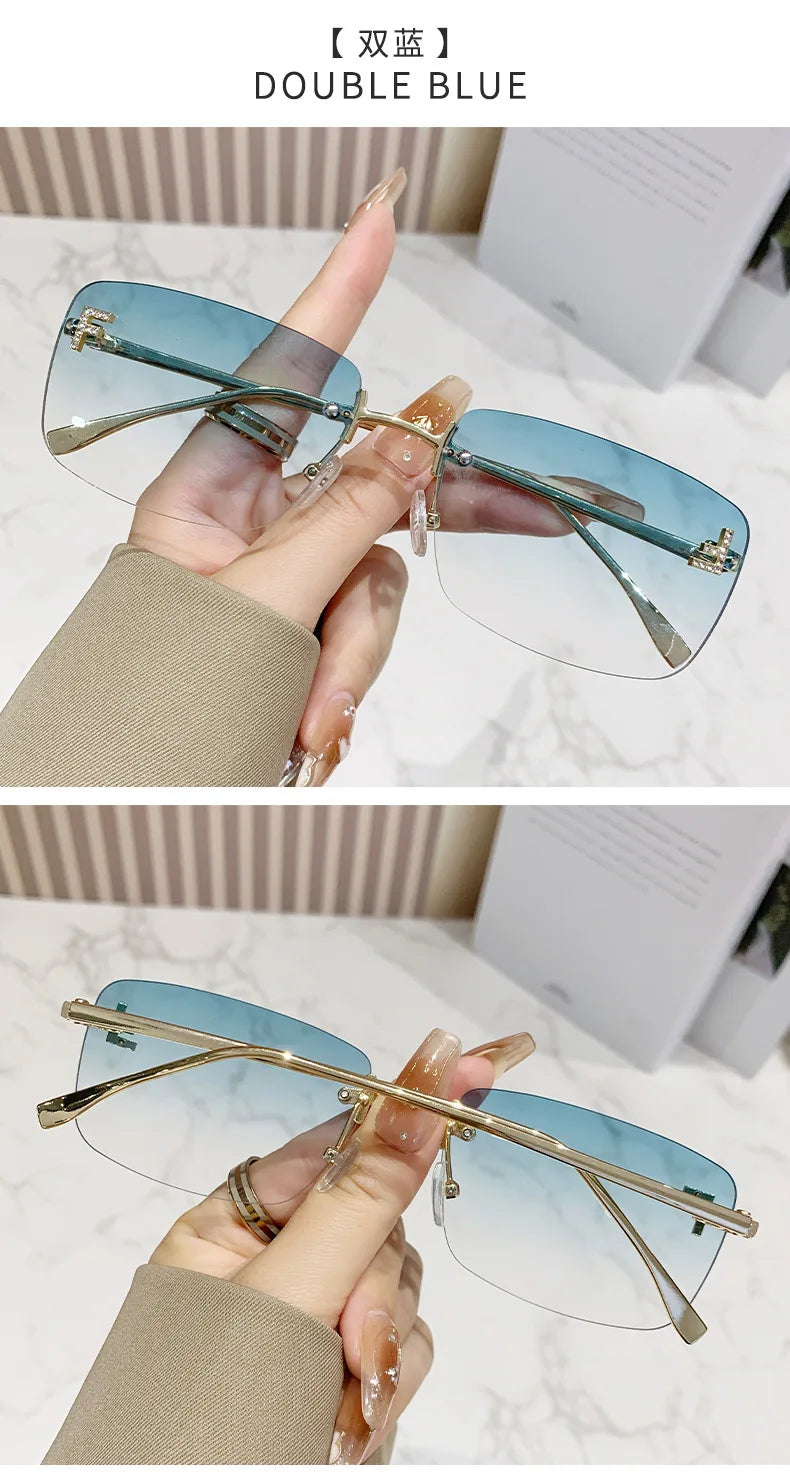 Ruiao rimless sunglasses UV400 fashion square metal glasses for women luxury brand designer diamond y2k small face sun glasses