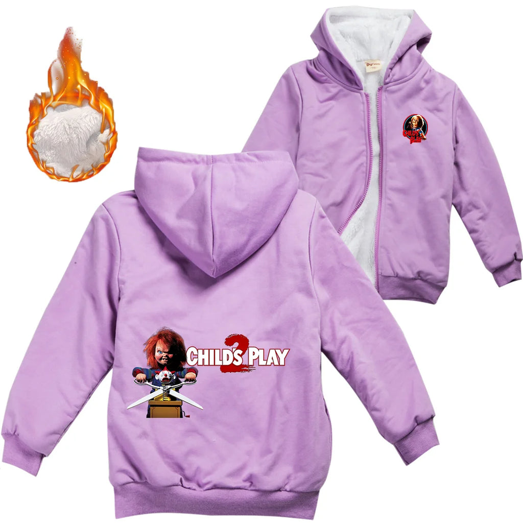 Child's Play Chucky Warm Winter Jacket For Boys Girls with Zipper Children Coat Thicken Hooded Sweater Kids Outerwear