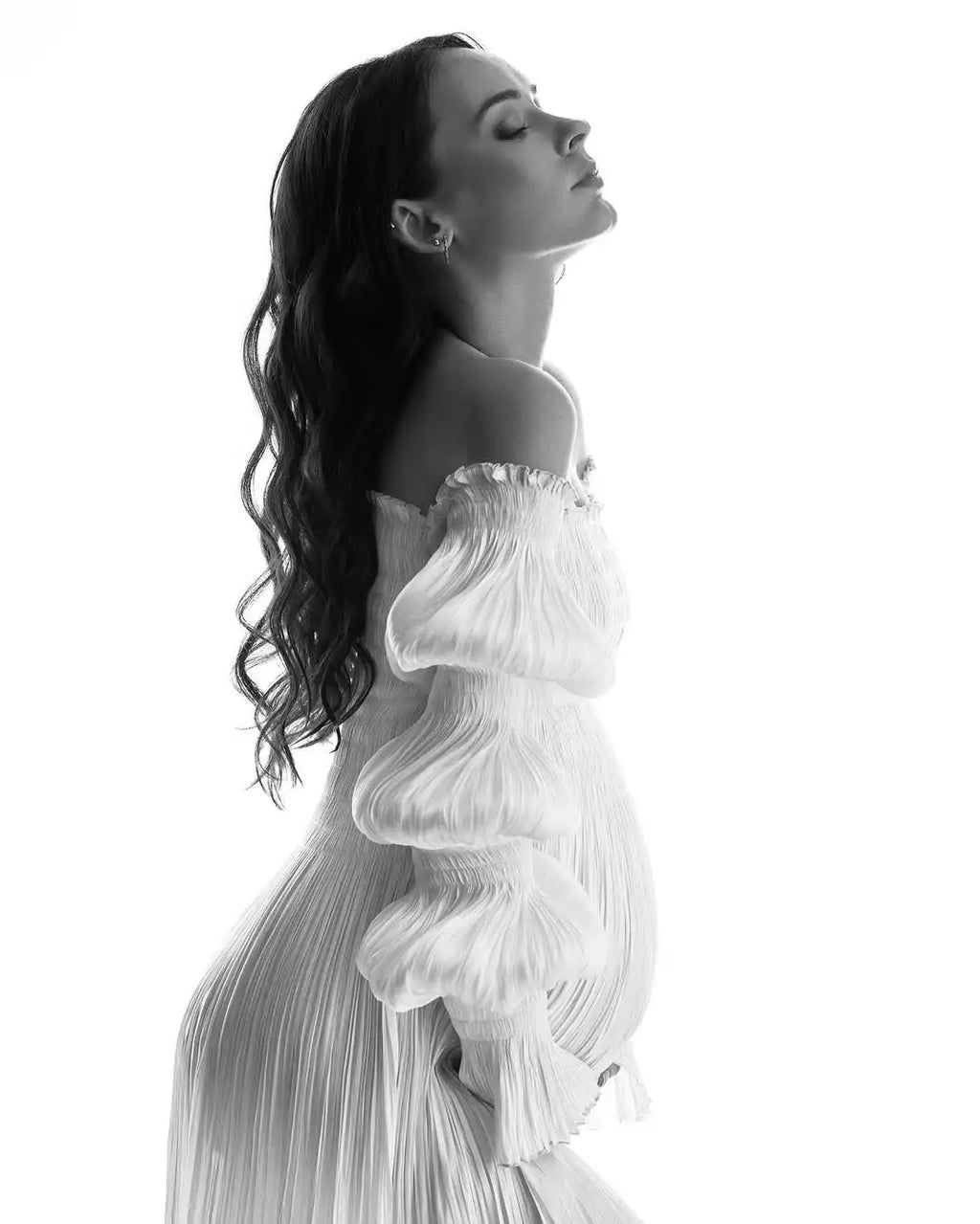 Trendy Off Shoulders Pleats Mesh Maternity Dresses For Photography Wrinkled Fabric Draped Long Pregnancy Gown Lantern Sleeve