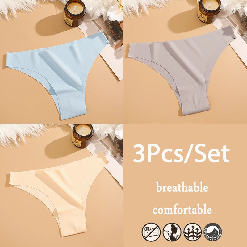 3Pcs/Set Ice Silk Seamless Underwear For Women Low Waisted Brazilian Pants Breathable High Elasticity Lingerie Intimates Panties