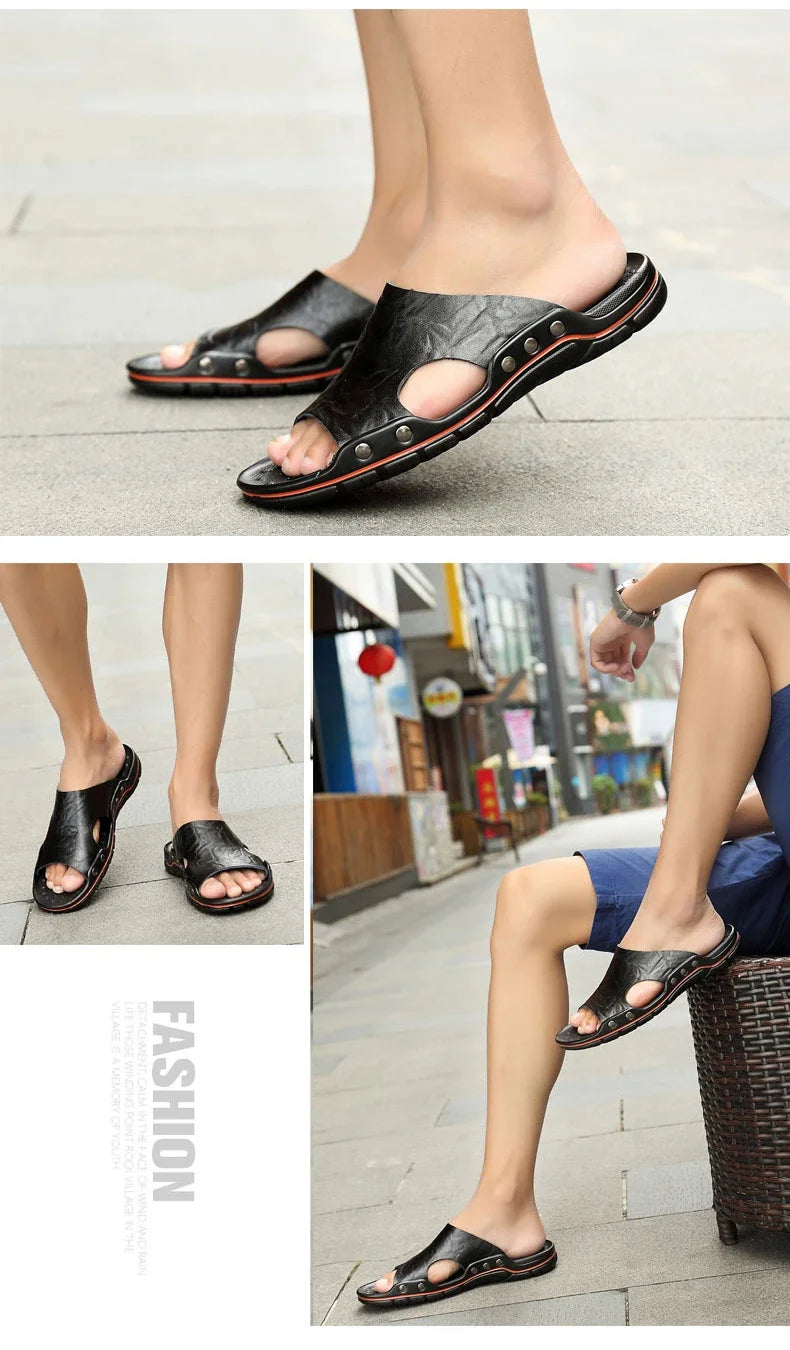 New Summer Slippers Men Sandals Soft Outdoor Slides High Quality Genuine Leather Comfortable Beach Sandals Outdoor Men Shoes