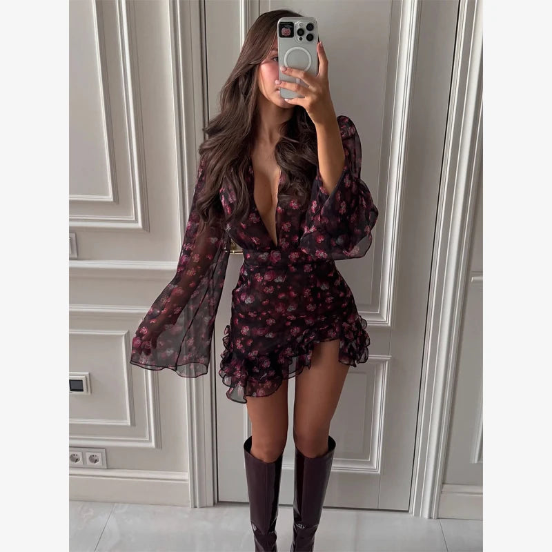 Sexy Flora Painted Ruffle Slim Dress Women Elegant Full Sleeves A-line Short Dresses 2026 Lady Summer Party Holiday Robes