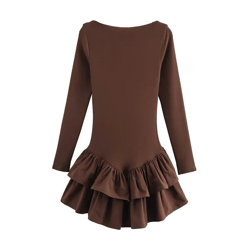 Ruffled Hem Solid Women Dresses Elegant Long Sleeve High Waist O-neck Lady Mini Dress 2025 Spring Chic Street Party Female Robes