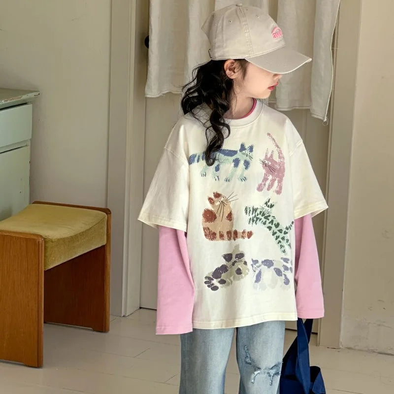 Fake Two Piece Outdoor Clothes for Children Girl From 5 6 Years Kids Girls 8 10 Children's Clothing 7 12 T-shirts Shirt Fashion