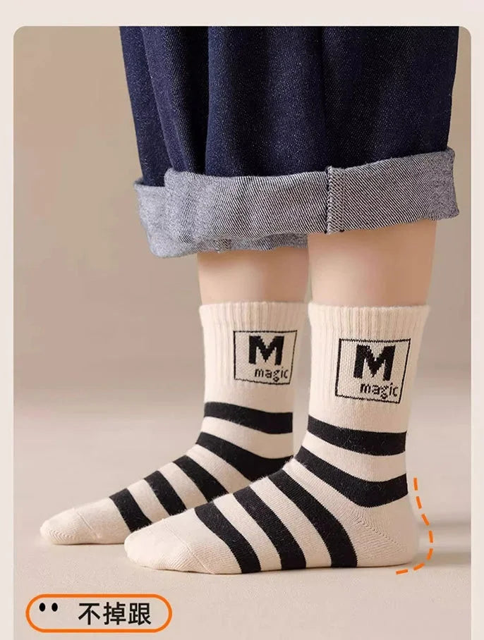 5 pairs Spring Socks Kids Cotton Socks Mid Calf Socks Striped Letter Pattern Children Sporty Socks Boys Socks