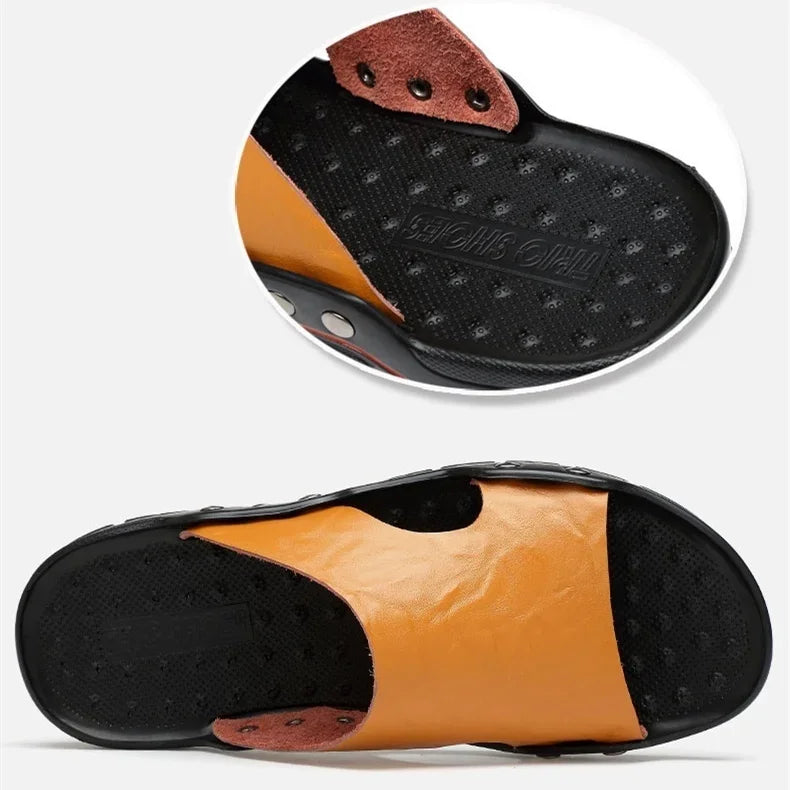 New Summer Slippers Men Sandals Soft Outdoor Slides High Quality Genuine Leather Comfortable Beach Sandals Outdoor Men Shoes