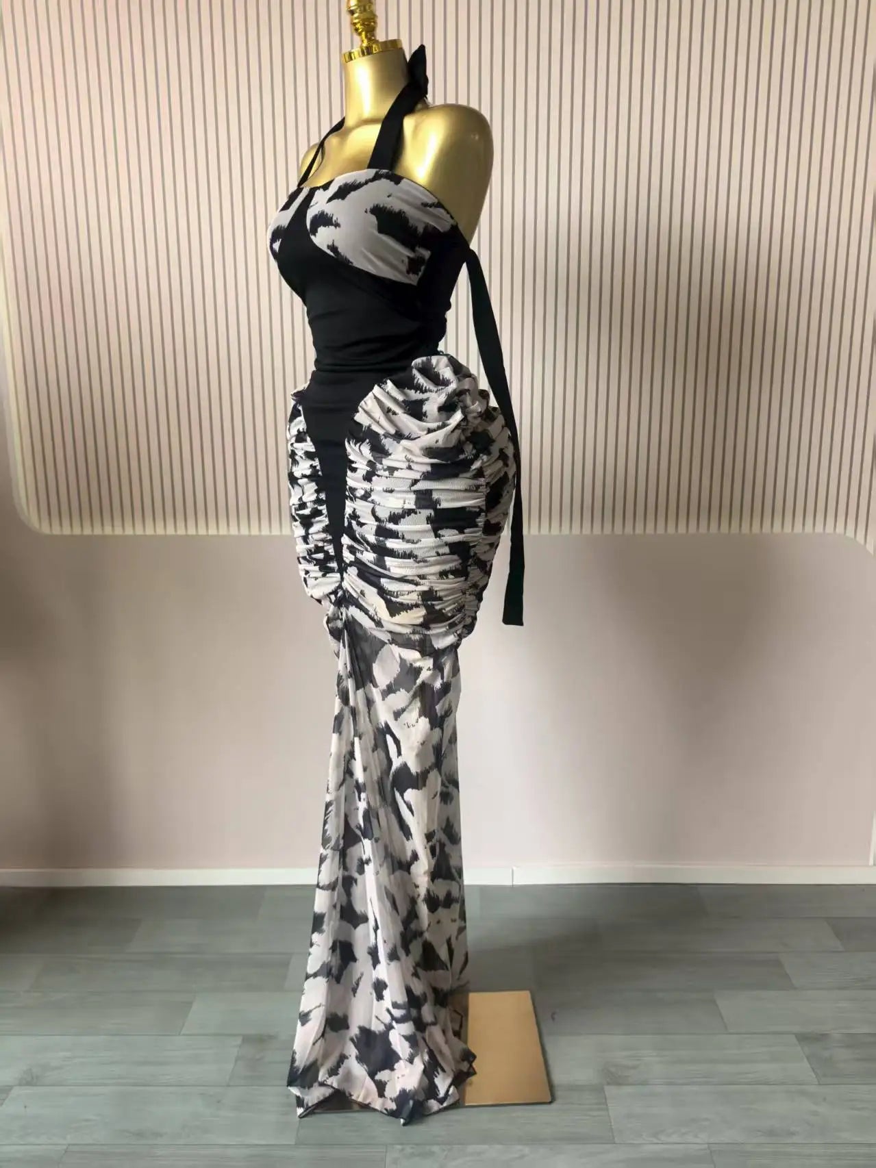 CM.YAYA Women Print Patchwork Stacked Ruched Sleeveless Bodycon Midi Maxi Long Dress 2025 Birthday Vacation Sexy Party Dresses