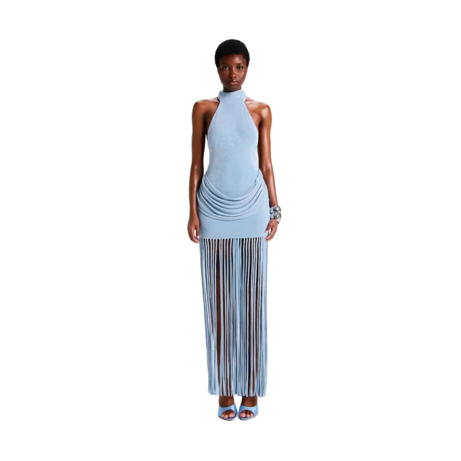 Women Elegant Tassel Halter Long Dress Off-shoulder Backless Waist Cinching Slim Dresses 2026 New Spring Evening Party Vestidos