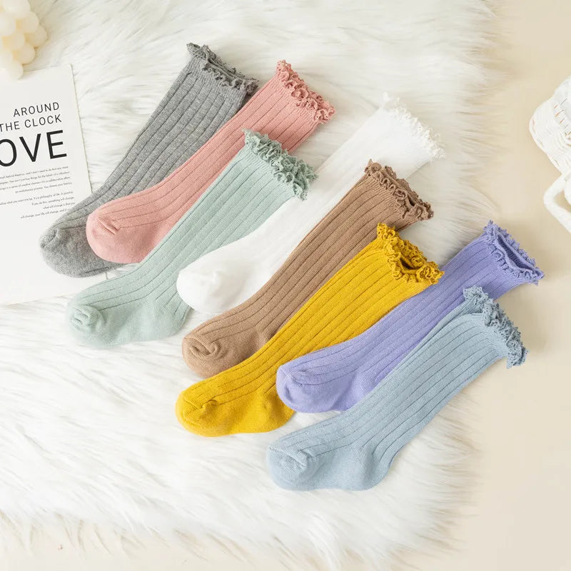 Ruffle Kids Knee High Socks Baby Girls Toddlers Long Soft Cotton Sock Lace Flower Children Princess Uniform Socks For 0-8Years