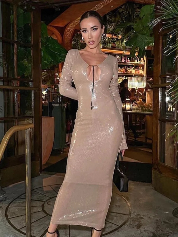 Sequin Lace Up Backless Long Dresses Deep V Flash Sparkling Sexy Long Sleeve Temperament Leakback Champagne Women Evening Dress