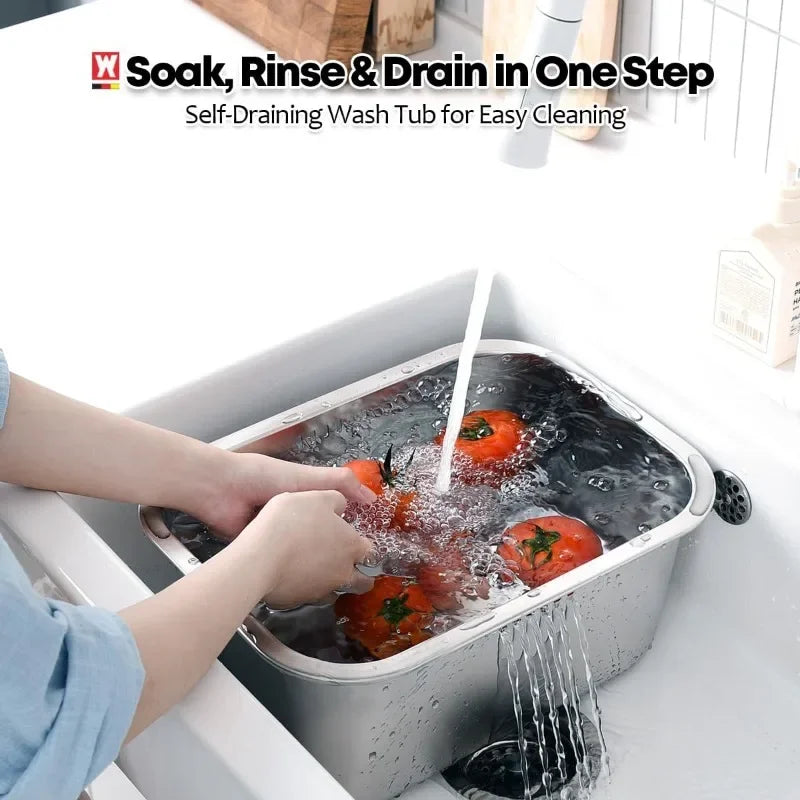 10L Portable Stainless Steel Washing-up Bowl Large Multipurpose Dish Tub Vegetable Washing Basin Kitchen Sink Organizer
