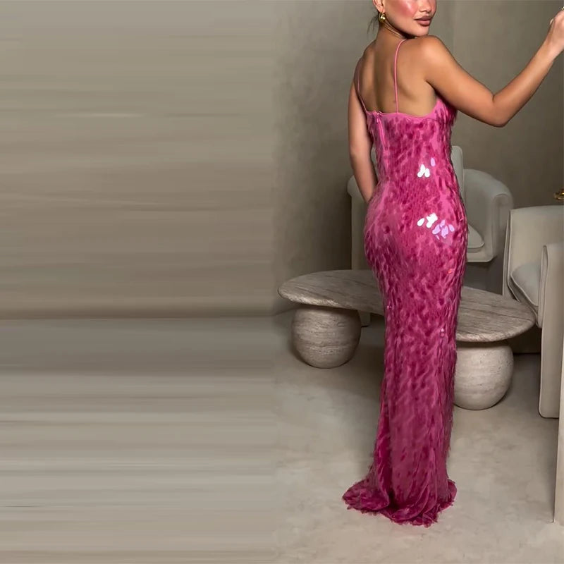 Sexy Sequined Women's Dress Hollow Out Backless V-Neck Slip Top Lady Long Dresses 2026 Spring Summer Female Holiday Robe New