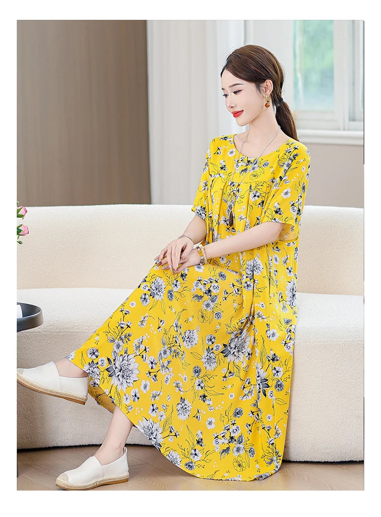 New Casual Fashion 2025 Summer Dress For Women Floral Printing Short Sleeve Elegant Vintage O-Neck Dresses Women Clothing