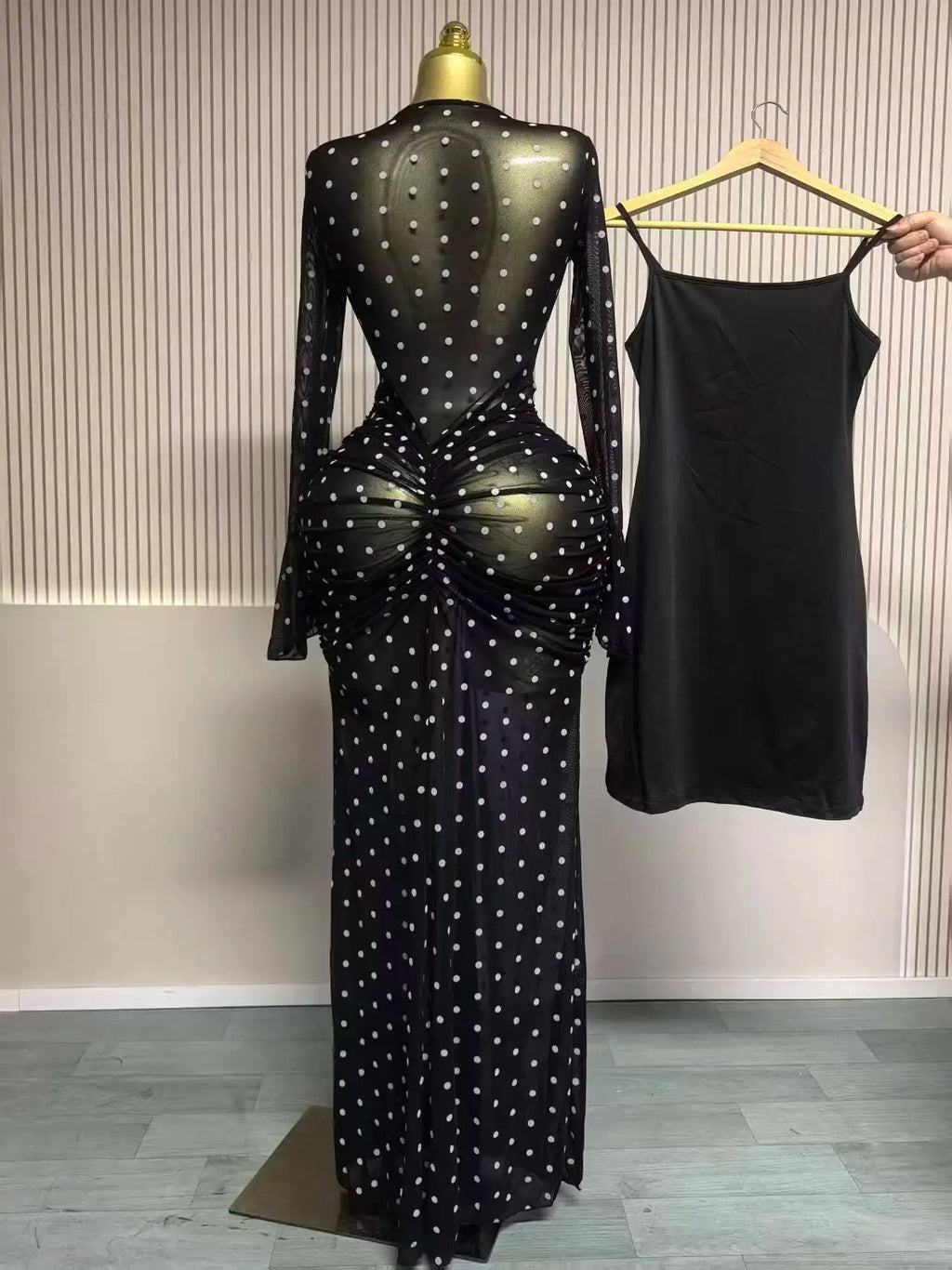 CM.YAYA Women Flare Long Sleeve Stacked Dot Mesh See Though with Lining Maxi Long Dress 2025 Evening Birthday Sexy Party Dresses