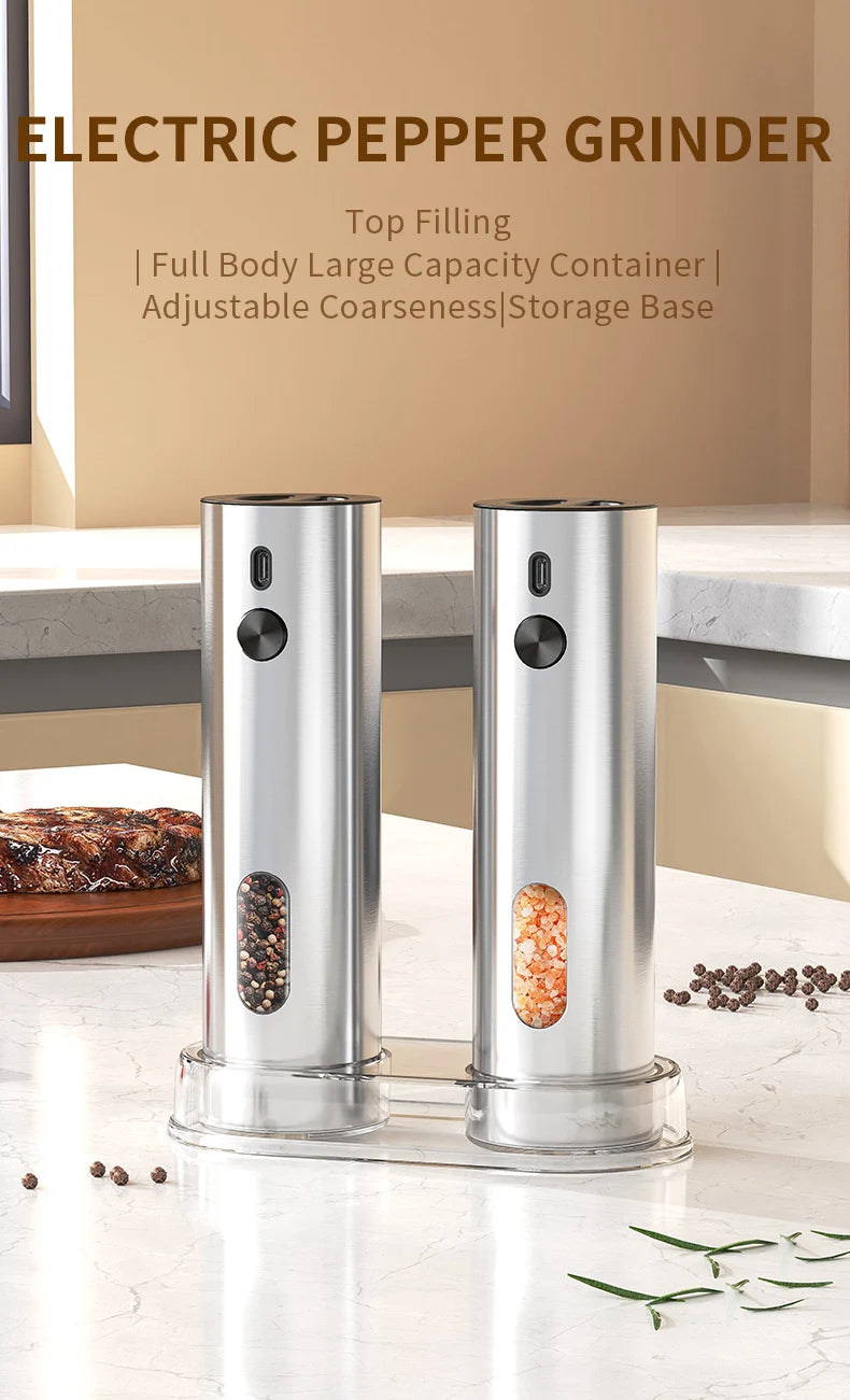 USB Rechargeable Automatic Pepper Grinder Salt And Pepper Mill Adjustable Coarseness Spice Grinder with LED Light for Kitchen