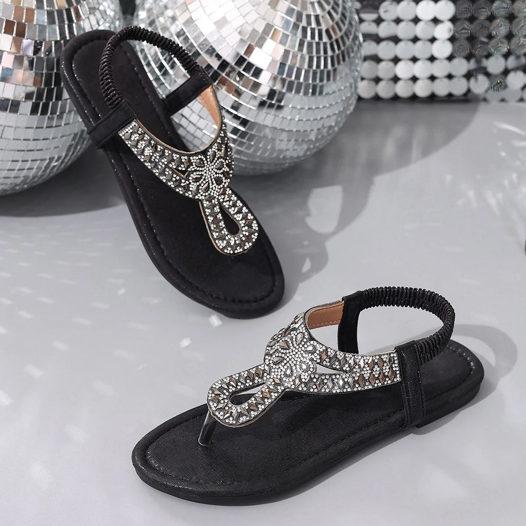 Shiny Crystal Clip Toe Flat Sandals Women 2025 Summer Bohemia Style Beach Sandals Woman Lightweight Outdoor Flip Flops Mujer