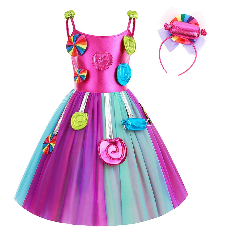 Girls Rainbow Lollipop Costume Princess Dress Purim Festival Candy Vestido Fancy Carnival Birthday Children Fantasy Wings Outfit