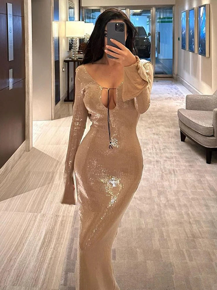 Sequin Lace Up Backless Long Dresses Deep V Flash Sparkling Sexy Long Sleeve Temperament Leakback Champagne Women Evening Dress