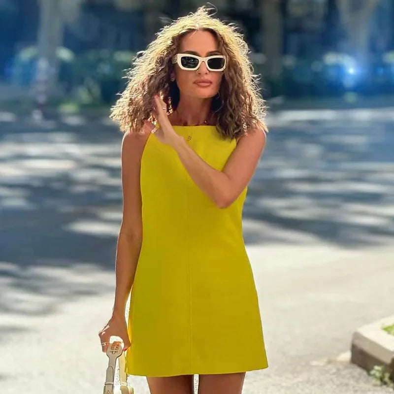 HXAO Women's Dress Summer 2025 Red Blue Black White Yellow Dress Off Shoulder Sleeveless Slip Dresses Vestidos Holiday Dress 066