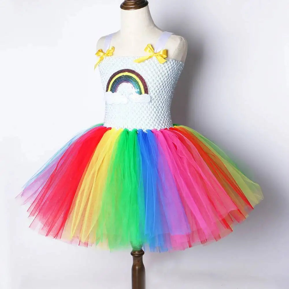 Rainbow Tutu Dress for Girls Princess Costume Kids Birthday Party Outfit Halloween Christmas Fancy Dress Outfit for 1-12 Years