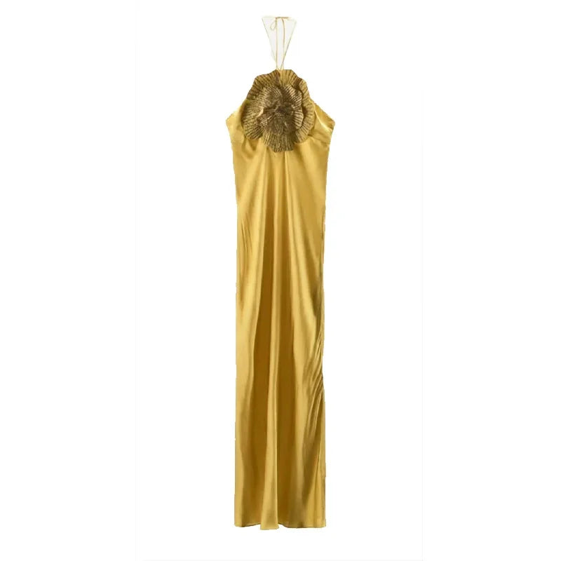 Elegant 3d Floral Dress Women Holiday Party Sexy Slim Fit Halter Neck Sleeveless Backless Evening Dresses 2025 Summer Lady Robes
