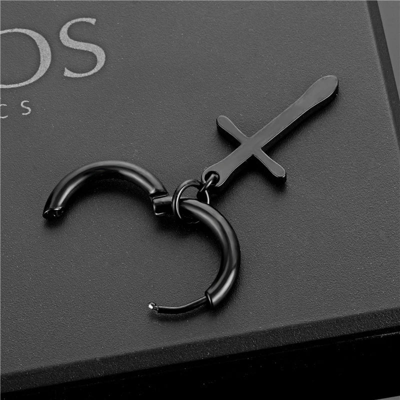Black Punk Stainless Steel Women Men Hoop Earrings Small Trendy Round Cross Pendants Jewelry Accessories Earrings