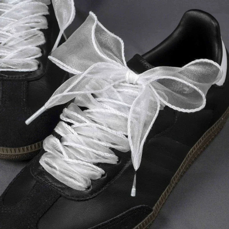 1Pair 80-140cm Fashion Organza Ribbon Sport Shoes Sneakers Bowknot Solid Flat Shoelaces Sport Casual Laces Women