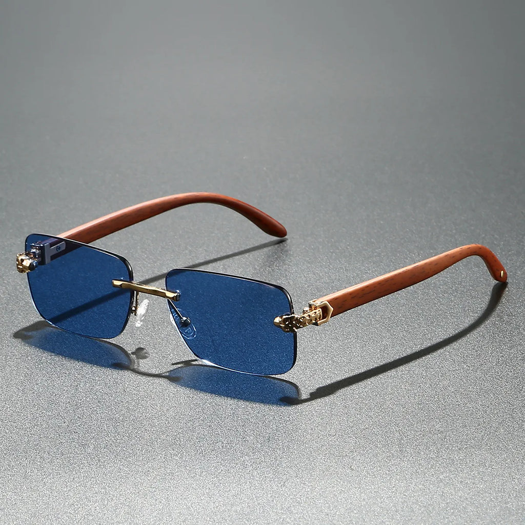 Europe Fashion Rectangular Sunglasses Men Women Unisex Luxury Rimless Frameless Cheetah Man Sun Glasses Wooden Texture