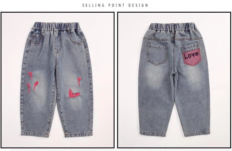 Girls Ripped Jeans Spring Autumn New Children Aging Denim Pants Fashion 2-10Y Kid's Straight Pants Cute Letter Trouser